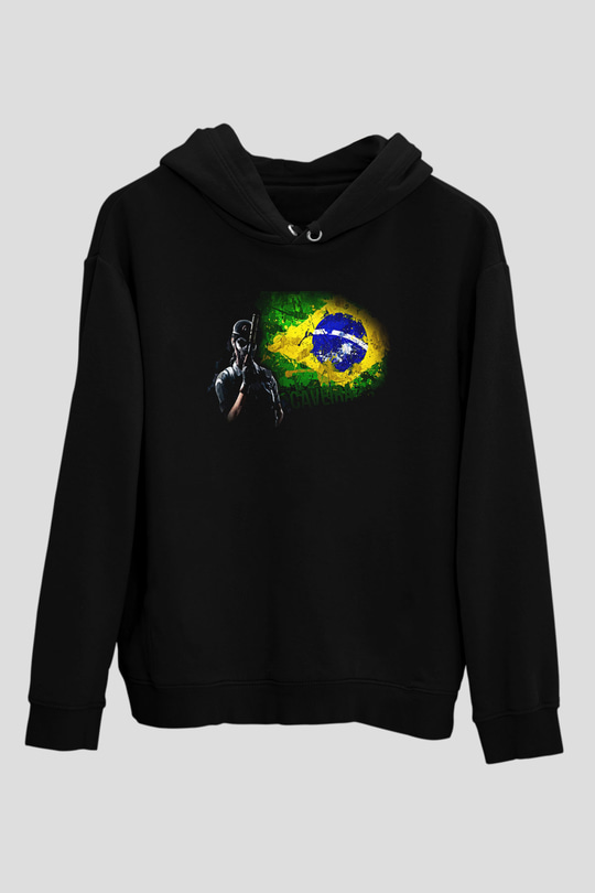 Caveira Baskılı Unisex Siyah Kapüşonlu Sweatshirt