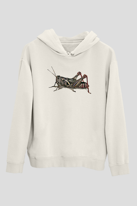 Çekirge Baskılı Beyaz Unisex Hoodie