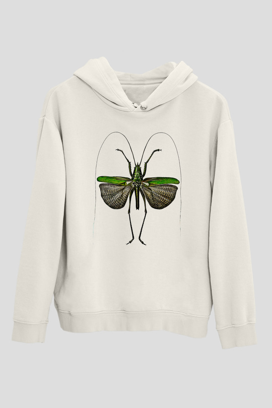 Çekirge Baskılı Beyaz Unisex Hoodie