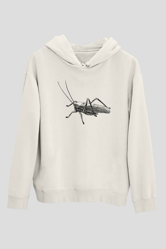 Çekirge Baskılı Beyaz Unisex Hoodie