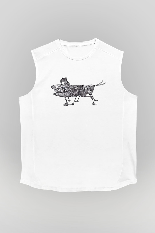 Çekirge Baskılı Beyaz Unisex Kolsuz Tişört - Tshirt