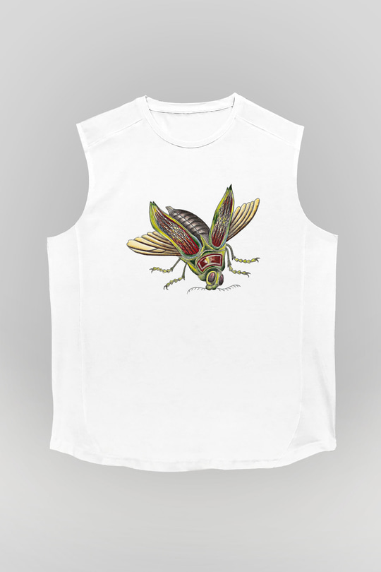 Çekirge Baskılı Beyaz Unisex Kolsuz Tişört - Tshirt