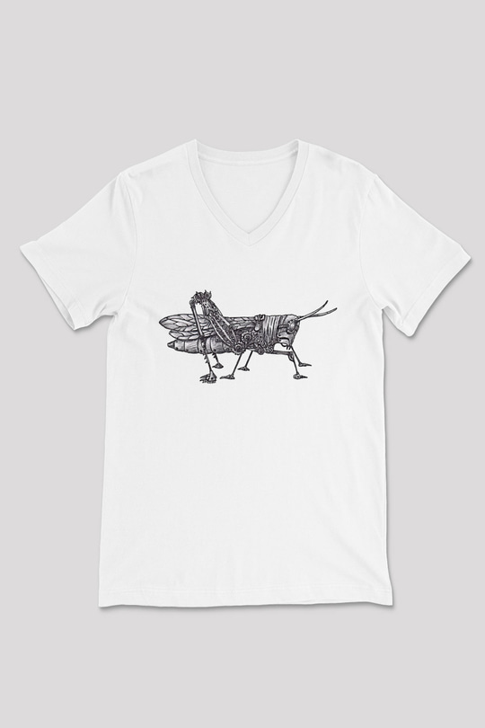 Çekirge Baskılı Beyaz Unisex V Yaka Tişört - Tshirt