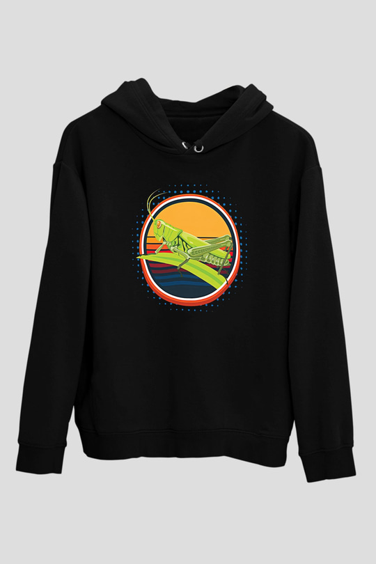 Çekirge Baskılı Unisex Siyah Hoodie