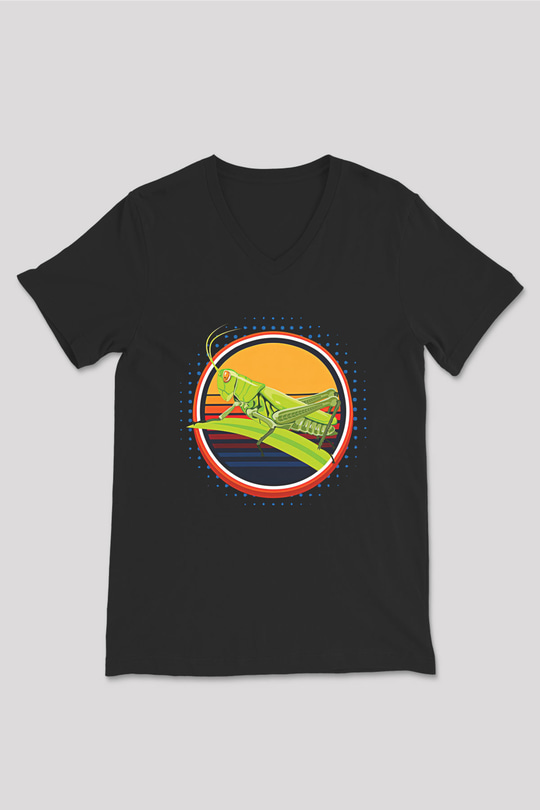 Çekirge Baskılı Unisex Siyah V Yaka Tişört - Tshirt