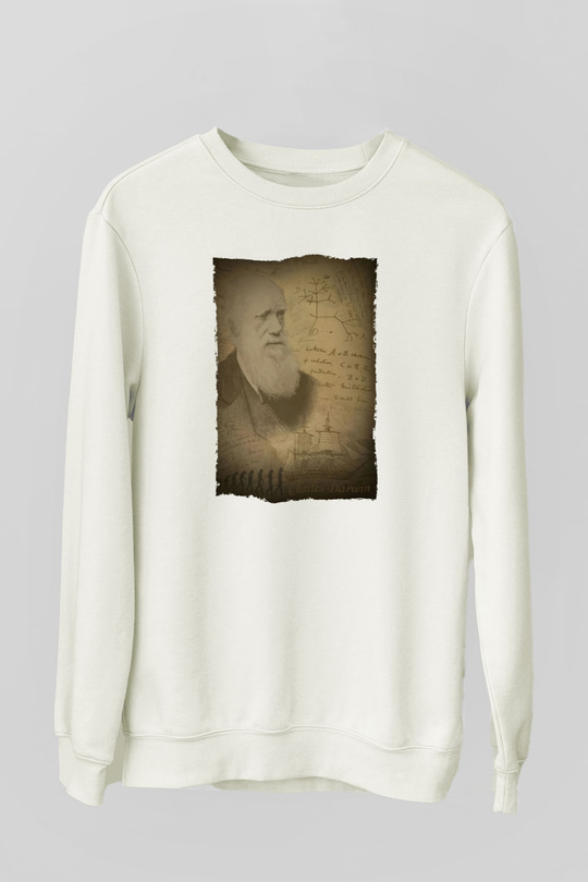 Charles Darwin Baskılı Unisex Ekru Sweatshirt
