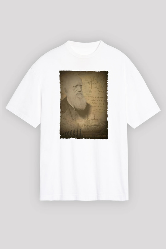Charles Darwin Baskılı Unisex Oversize Beyaz Tişört - Tshirt