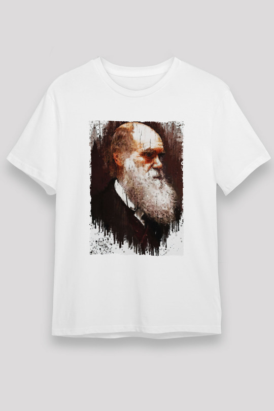 Charles Darwin Portre Baskılı Unisex Beyaz Tişört - Tshirt
