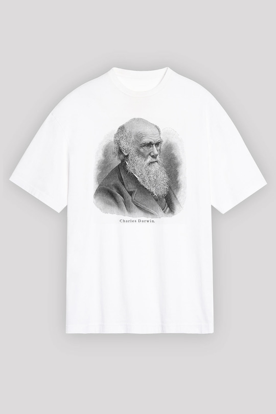 Charles Darwin Portre Baskılı Unisex Beyaz Oversize Tişört