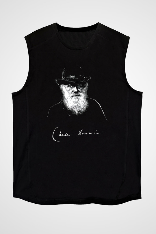 Charles Darwin Portre Baskılı Unisex Kolsuz Siyah Tişört - Tshirt
