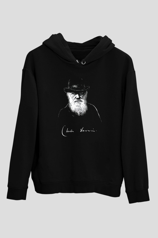 Charles Darwin Portre Baskılı Unisex Siyah Hoodie