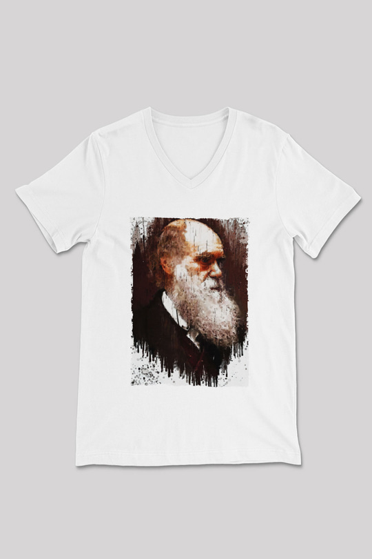 Charles Darwin Portre Baskılı Unisex V Yaka Beyaz Tişört - Tshirt