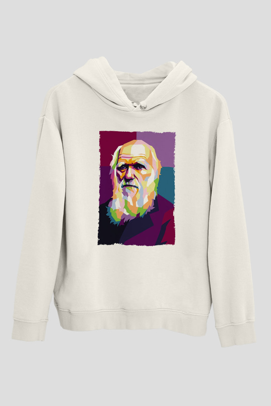 Charles Darwin Renkli Portre Baskılı Unisex Ekru Hoodie