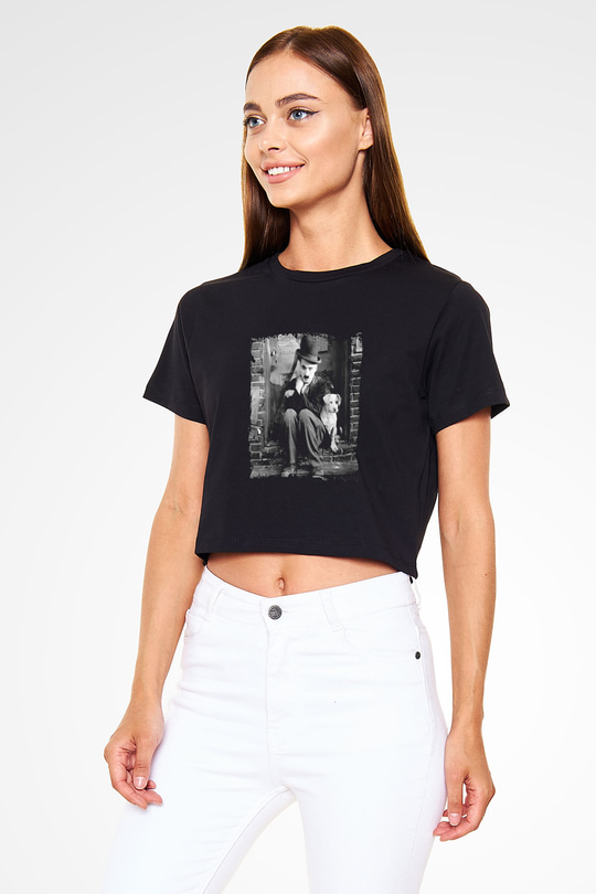 Charlie Chaplin Baskılı Siyah Kadın Crop Top Tişört