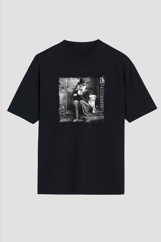 Charlie Chaplin Baskılı Unisex Siyah Oversize Tişört