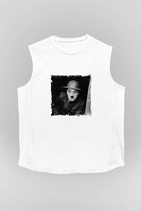 Charlie Chaplin Unisex Baskılı Beyaz Kolsuz Tişört