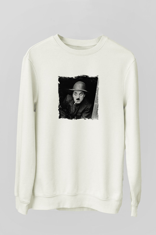 Charlie Chaplin Unisex Baskılı Beyaz Sweatshirt