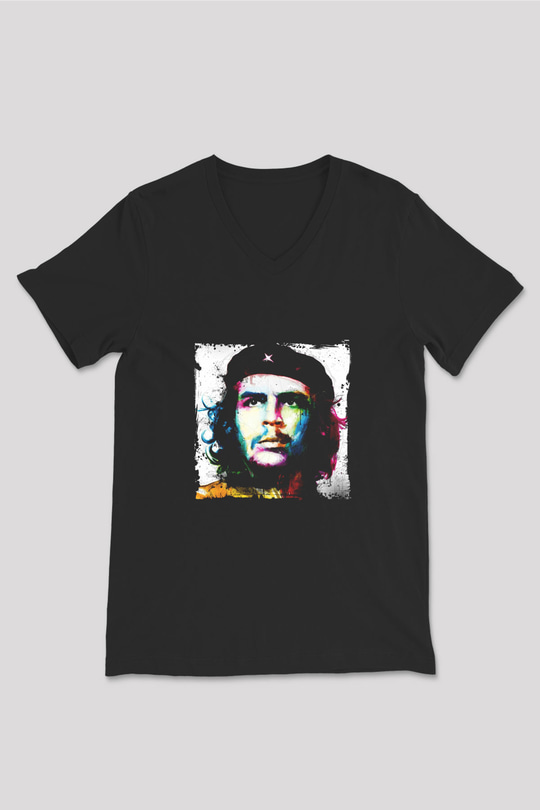 Che Guevara Baskılı Unisex Siyah V Yaka Tişört
