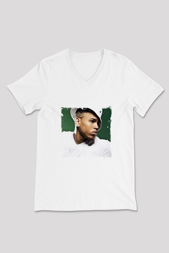 Chris Brown Baskılı Beyaz V Yaka Unisex Tişört