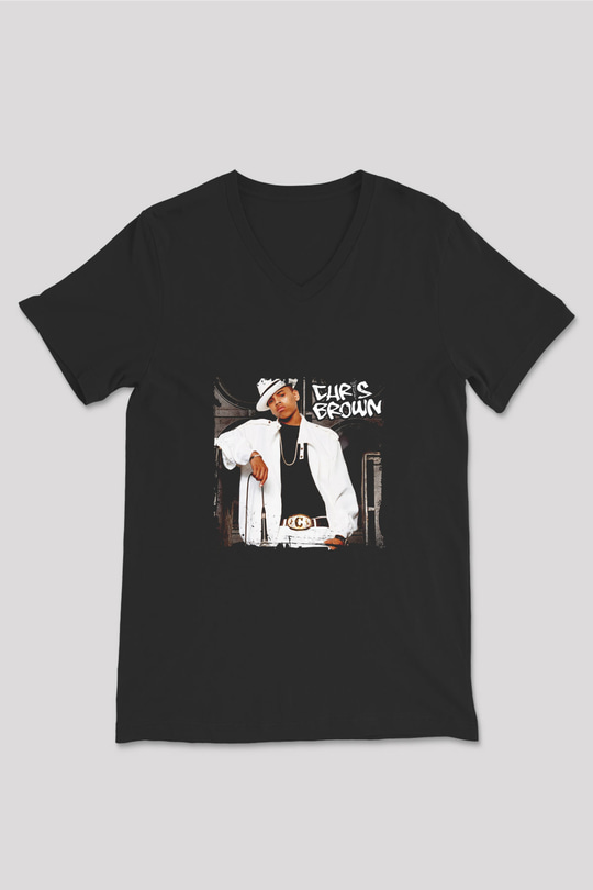 Chris Brown Baskılı Unisex Siyah V Yaka Tişört