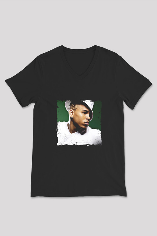 Chris Brown Baskılı Unisex Siyah V Yaka Tişört
