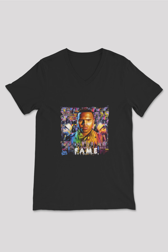 Chris Brown Baskılı Unisex Siyah V Yaka Tişört
