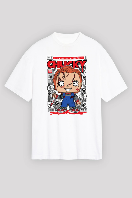 Chucky Baskılı Unisex Beyaz Oversize Tişört