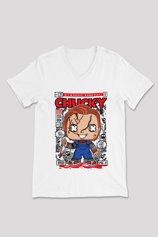 Chucky Baskılı Unisex Beyaz V Yaka Tişört