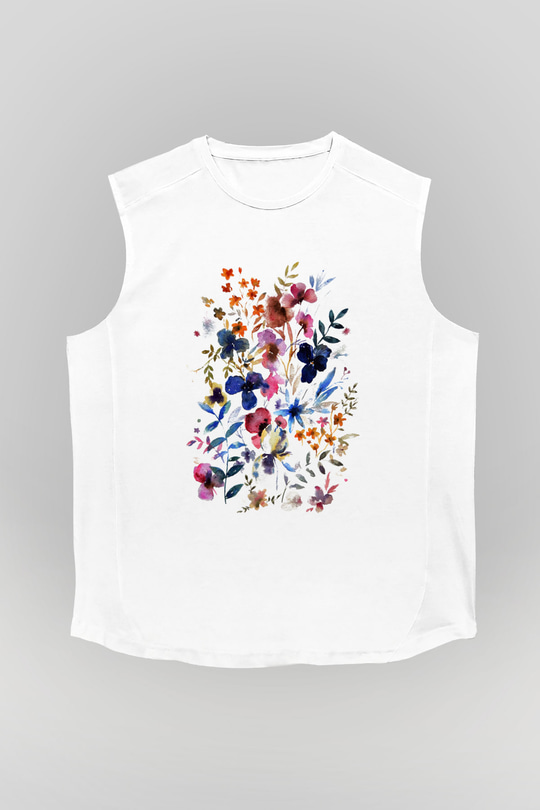 Çiçek Beyaz Unisex Kolsuz Tişört
