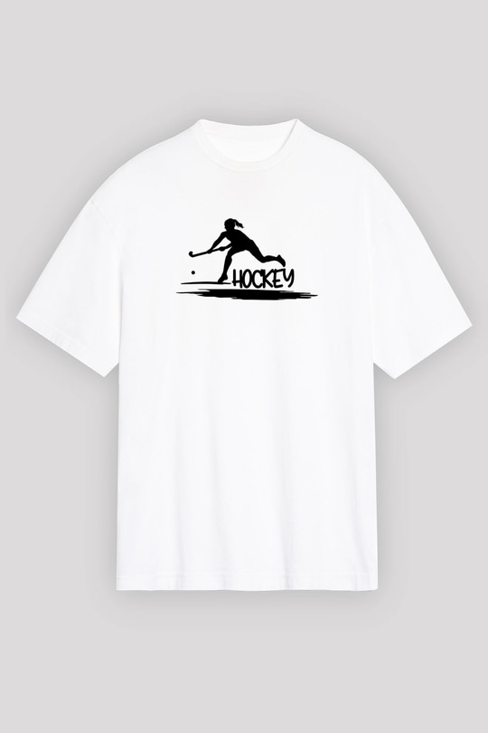Çim Hokeyi Baskılı Unisex Beyaz Oversize Tişört - Tshirt