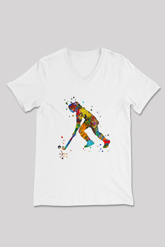 Çim Hokeyi Baskılı Unisex V Yaka Tişört - Tshirt