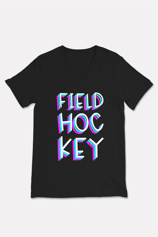 Çim Hokeyi - Field Hockey Baskılı Unisex Siyah V Yaka Tişört