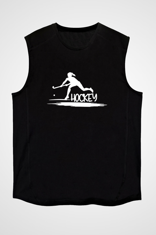 Çim Hokeyi - Field Hockey Baskılı Unisex Siyah Kolsuz Tişört