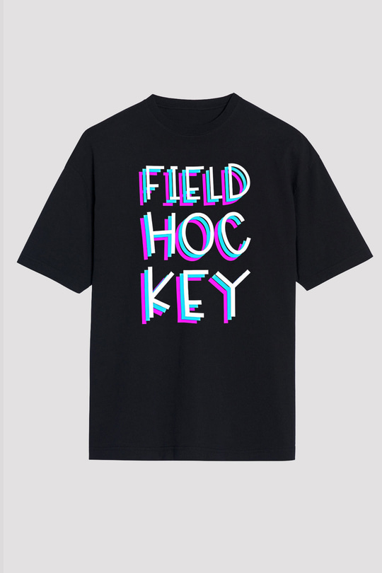 Çim Hokeyi - Field Hockey Baskılı Unisex Siyah Oversize Tişört