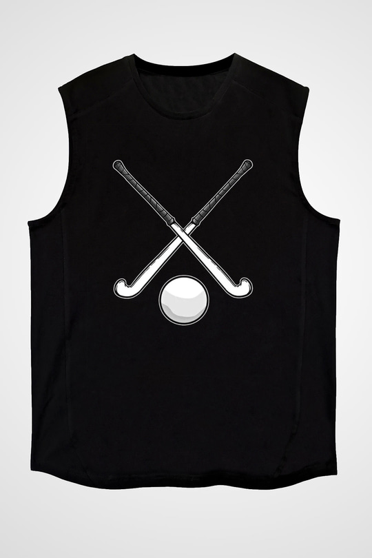 Çim Hokeyi - Field Hockey Baskılı Unisex Siyah Kolsuz Tişört