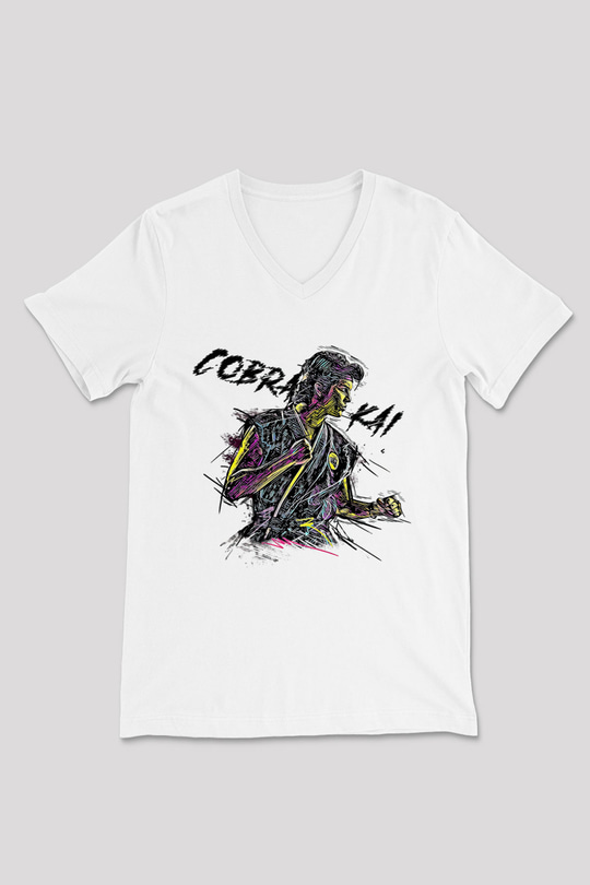 Cobra Kai Baskılı Beyaz Unisex V Yaka Tişört - Tshirt