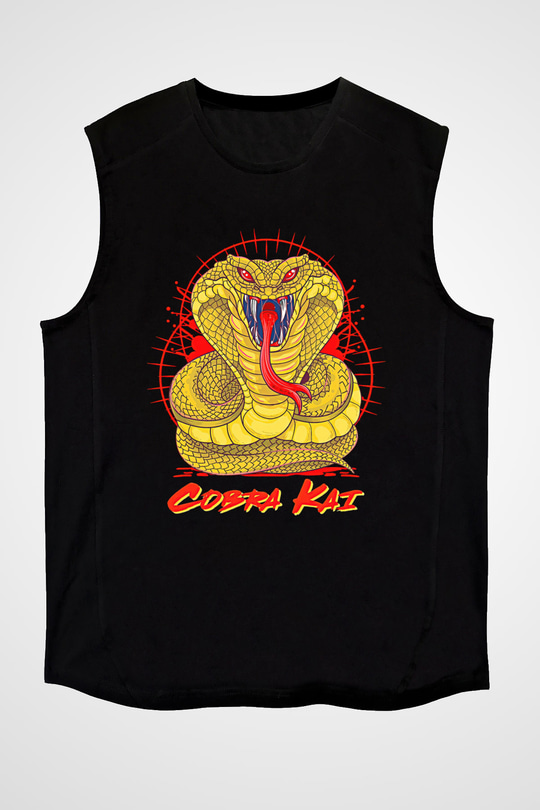 Cobra Kai Baskılı Unisex Siyah Kolsuz Tişört - Tshirt