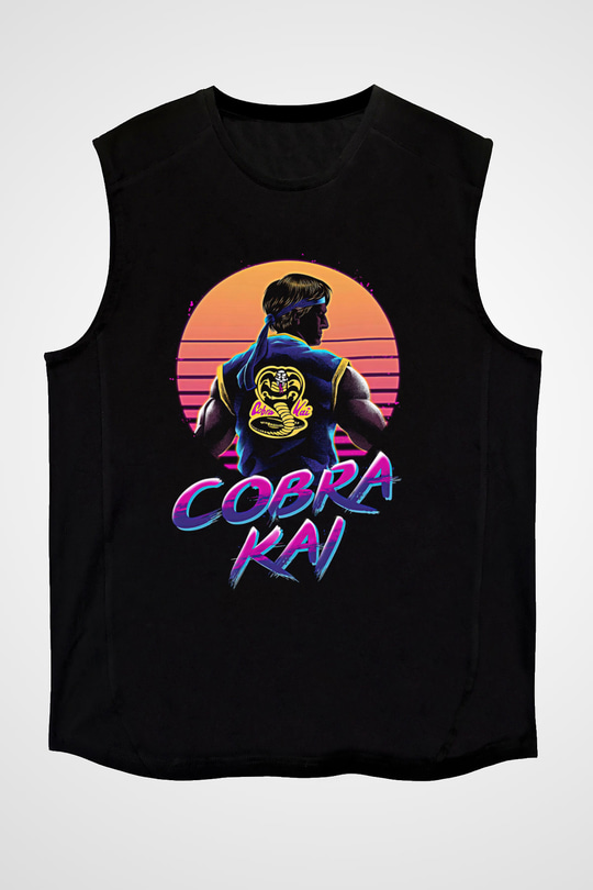 Cobra Kai Baskılı Unisex Siyah Kolsuz Tişört - Tshirt