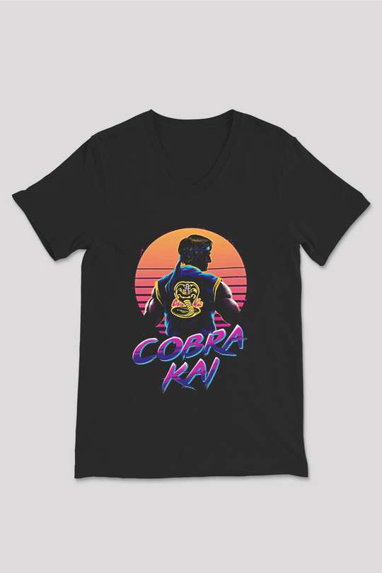 Cobra Kai Baskılı Unisex Siyah V Yaka Tişört - Tshirt