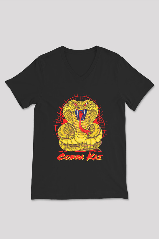 Cobra Kai Baskılı Unisex Siyah V Yaka Tişört - Tshirt