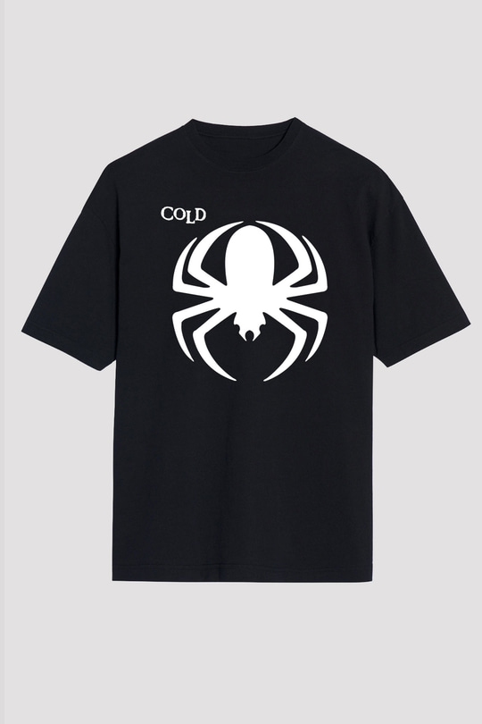 Cold Baskılı Unisex Siyah Oversize Tişört - Tshirt