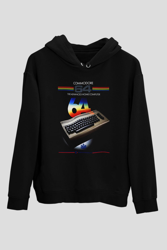 Commodore 64 Baskılı Unisex Siyah Kapüşonlu Sweatshirt