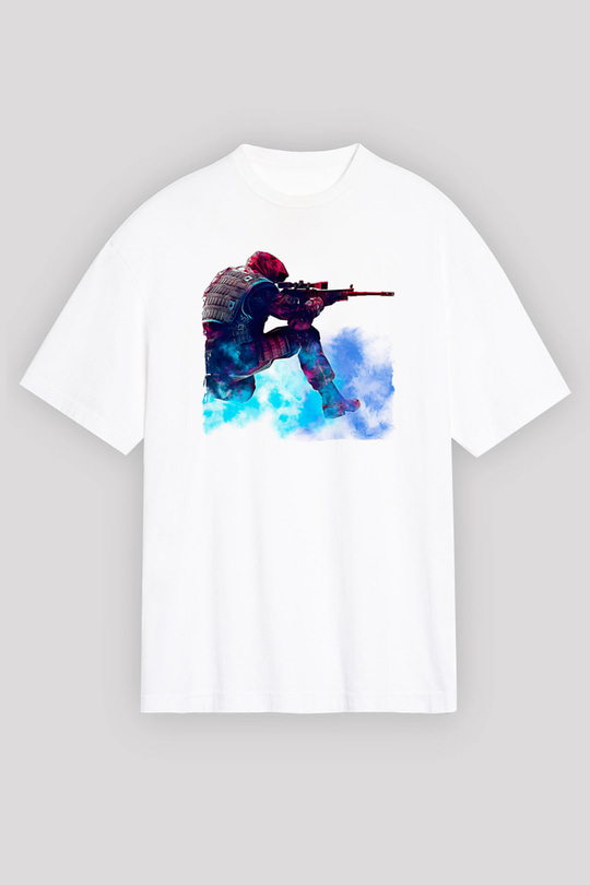 Counter Strike Baskılı Beyaz Unisex Oversize Tişört - Tshirt