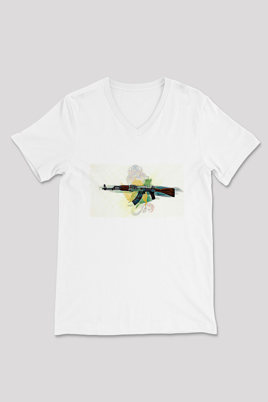 Counter Strike Baskılı Beyaz Unisex V Yaka Tişört - Tshirt