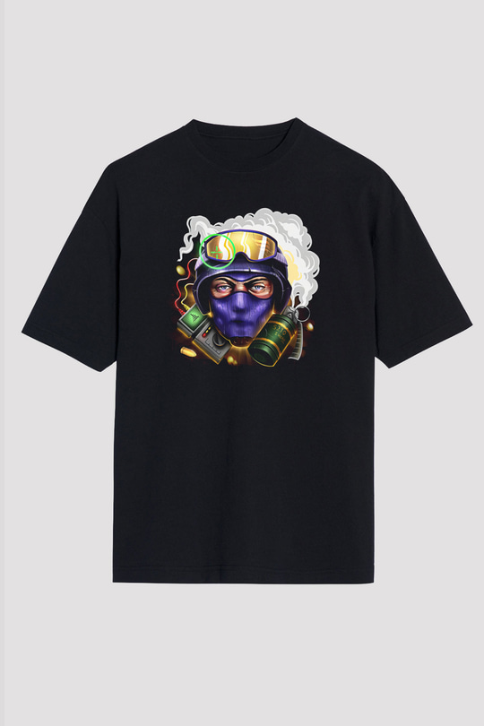 Counter Strike Baskılı Unisex Siyah Oversize Tişört - Tshirt