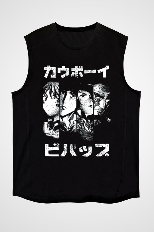 Cowboy Bebop Baskılı Unisex Siyah Kolsuz Tişört - Tshirt