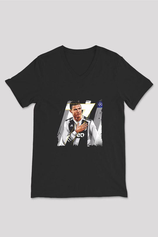 Cristiano Ronaldo Baskılı Unisex Siyah V Yaka Tişört