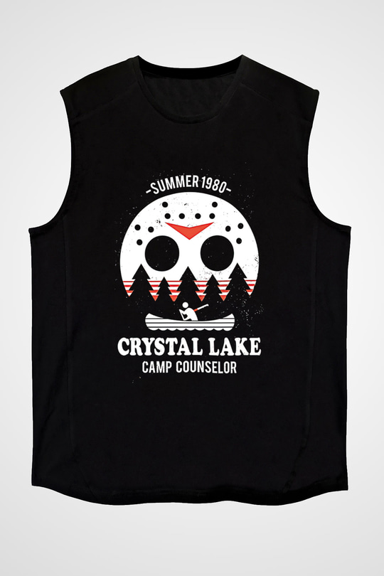 Crystal Lake Baskılı Unisex Siyah Kolsuz Tişört - Tshirt