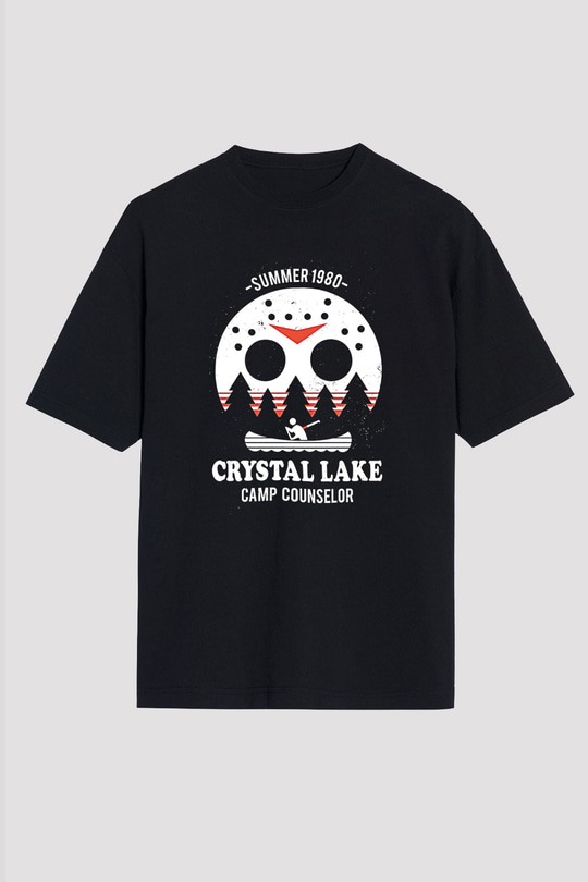 Crystal Lake Baskılı Unisex Siyah Oversize Tişört - Tshirt