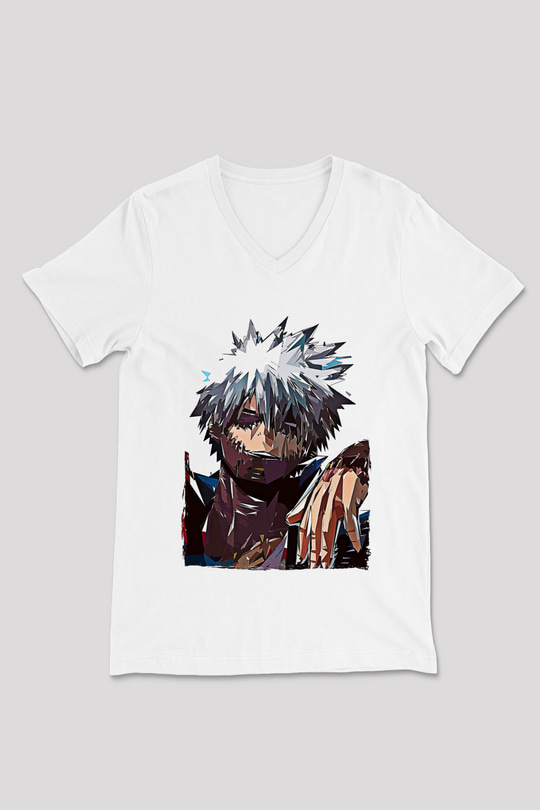 Dabi Baskılı Beyaz Unisex V Yaka Tişört - Tshirt